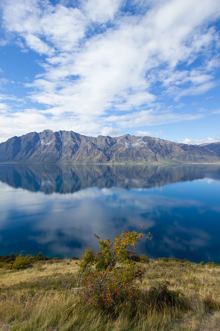 blue, sky, clouds, mountain, landscape, nature, lake, water HD wallpaper