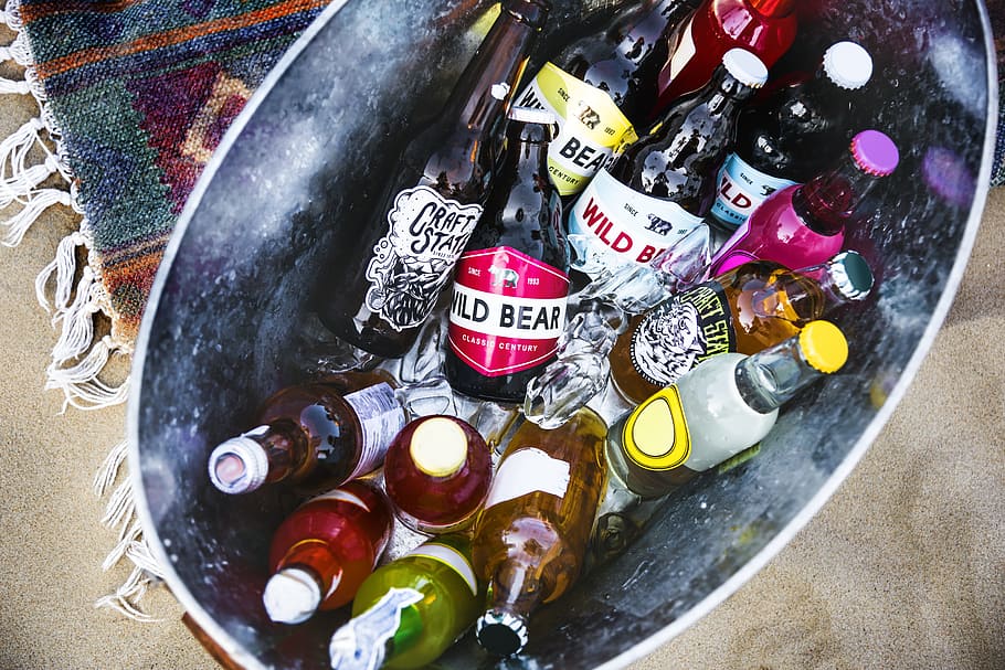 beverage, beer, bottle, bucket, cooler, sand, drink, outdoor, HD wallpaper