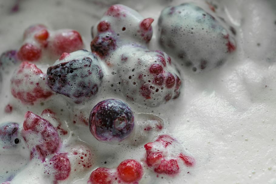 blueberry, cherry, fruit, salad, food, sweets, desserts, milk HD wallpaper