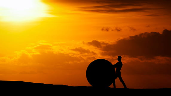 Illustration of man with a sisyphean task., rock, ball, struggle HD wallpaper