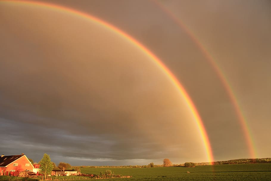 rainbow above plain, beauty in nature, sky, scenics - nature HD wallpaper