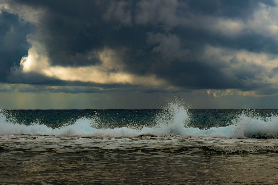 beach, sea, wave, splash, nature, landscape, sky, clouds, horizon HD wallpaper