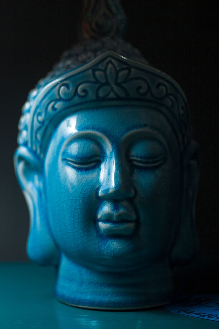 Blue Buddha Ceramic Head Figurine, art, asia, Buddhism, closeup