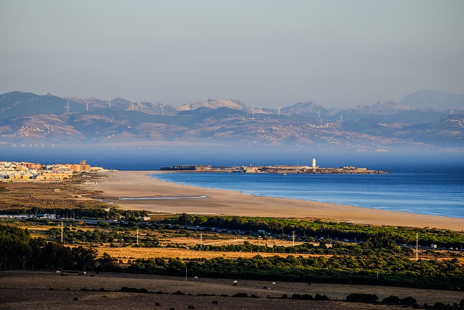 spain, tarifa, water, sea, sky, architecture, mountain, beach HD wallpaper