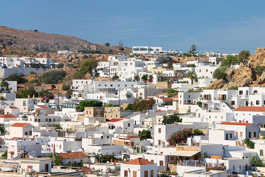 HD wallpaper: houses, white, whitewashed, city, greece, rhodes, lindos ...