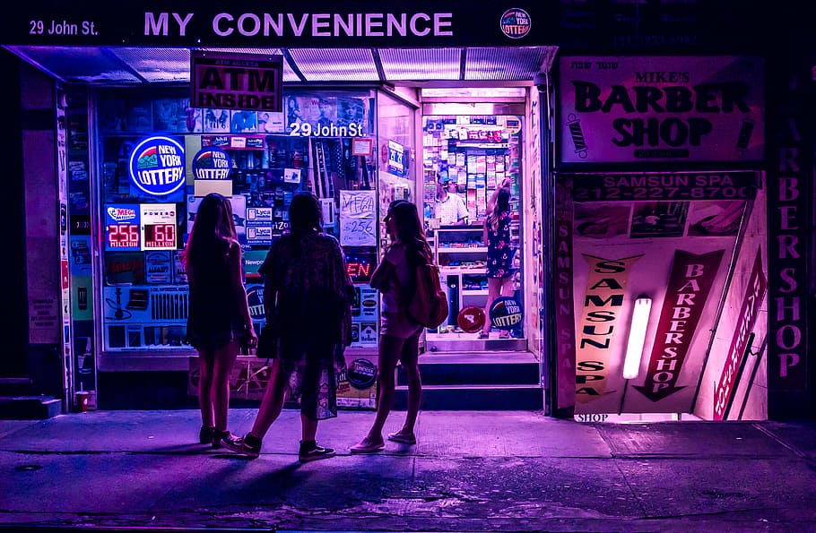 three woman standing in convenience storefront, neon, neon light, HD wallpaper