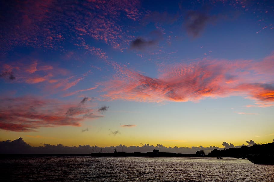 sunset, clouds, sky, ocean, harbour, blue, scenic, boat, madeira HD wallpaper