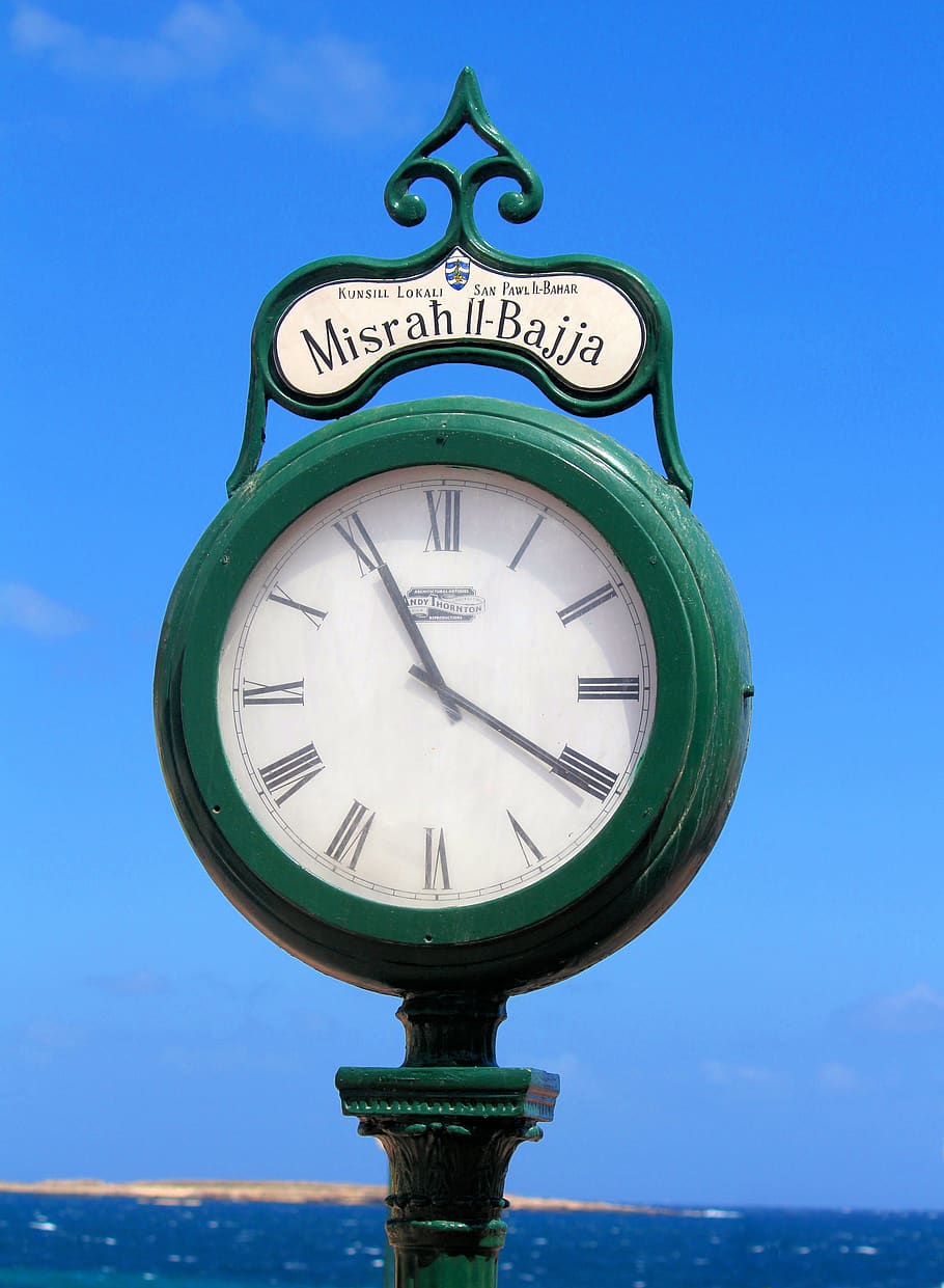 clock, stand, beach, sea, horizon, time, afternoon, malta, bugibba HD wallpaper