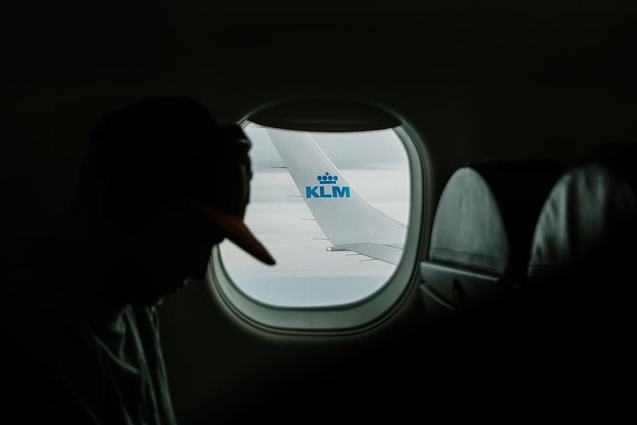 KLM airplane window photo, person, human, porthole, computer