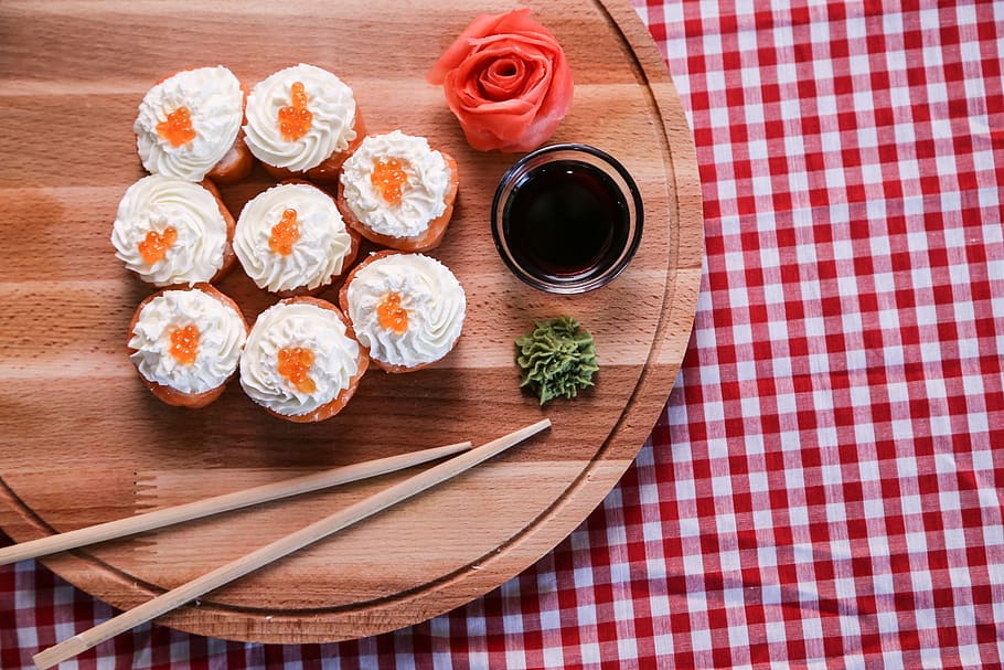 rolls, sushi, bamboo, food and drink, directly above, freshness HD wallpaper