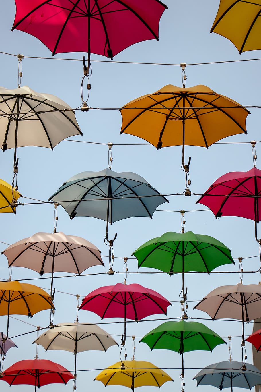 assorted-color umbrellas hanging, protection, security, safety HD wallpaper