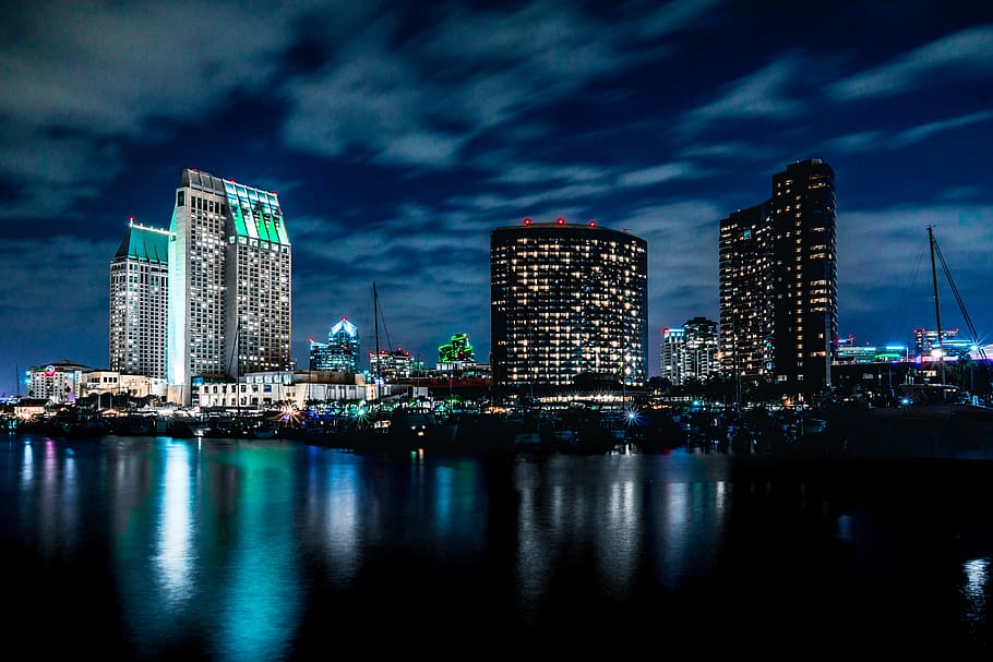 cityscape with lights at nighttime, town, building, urban, downtown HD wallpaper