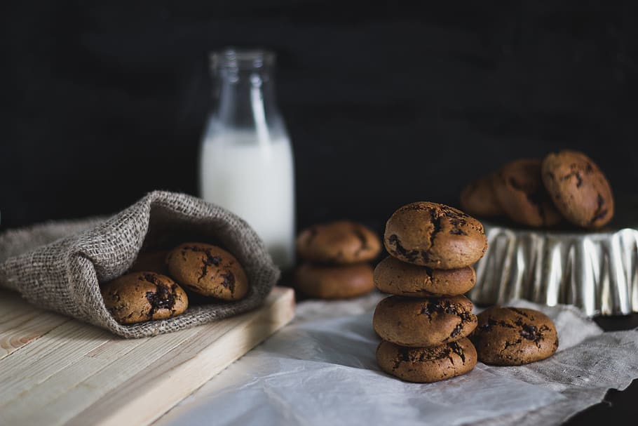 Baked Cookies, baking, beverage, chocolate, dairy product, delicious HD wallpaper