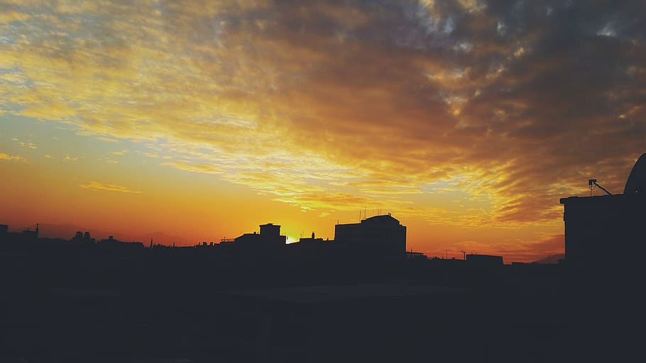sky, clouds, buildings, yellow, sun, sunset, cloud - sky, architecture HD wallpaper