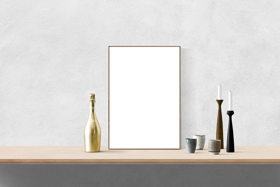 poster, frame, bottle, candles, desk, container, no people HD wallpaper