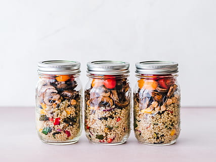 three full clear glass jars with lids, food, plant, pottery, vase HD wallpaper