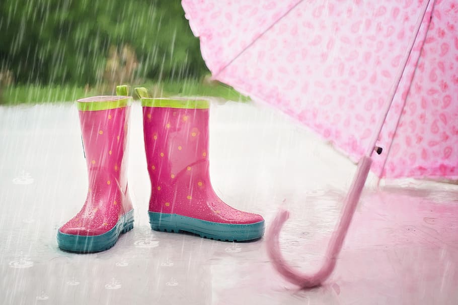 HD wallpaper: Red and Gray Rain Boots Near Pink Umbrella, footwear