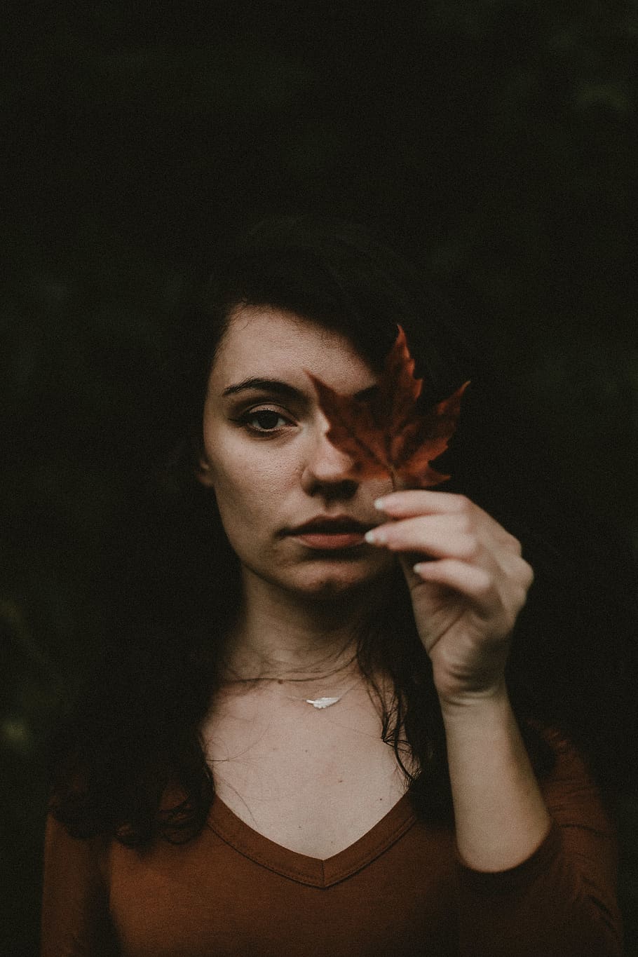 woman holding maple leaf, plant, tree, human, person, face, portrait, HD wallpaper