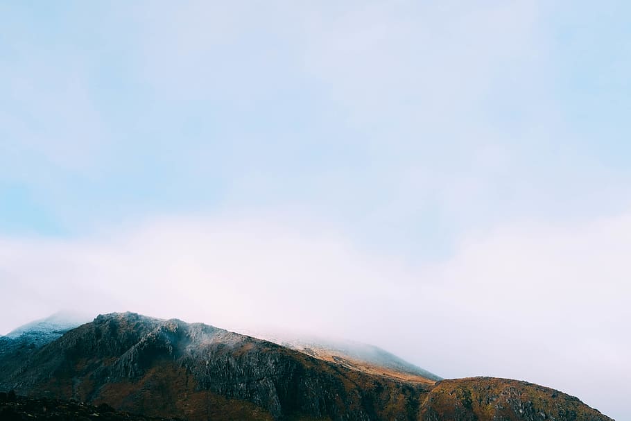 fog covered mountain, outdoors, mountain range, nature, peak HD wallpaper