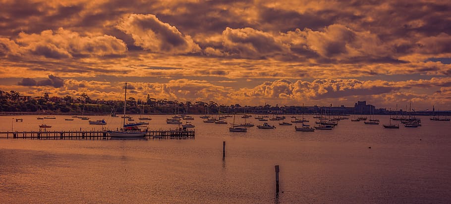 Boats Near Dock, beach, city, clouds, dawn, evening, ocean, pier HD wallpaper