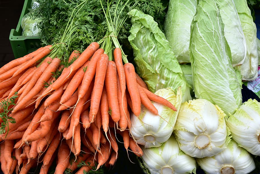 vegetables, carrots, kohl, market, healthy, raw food, sale