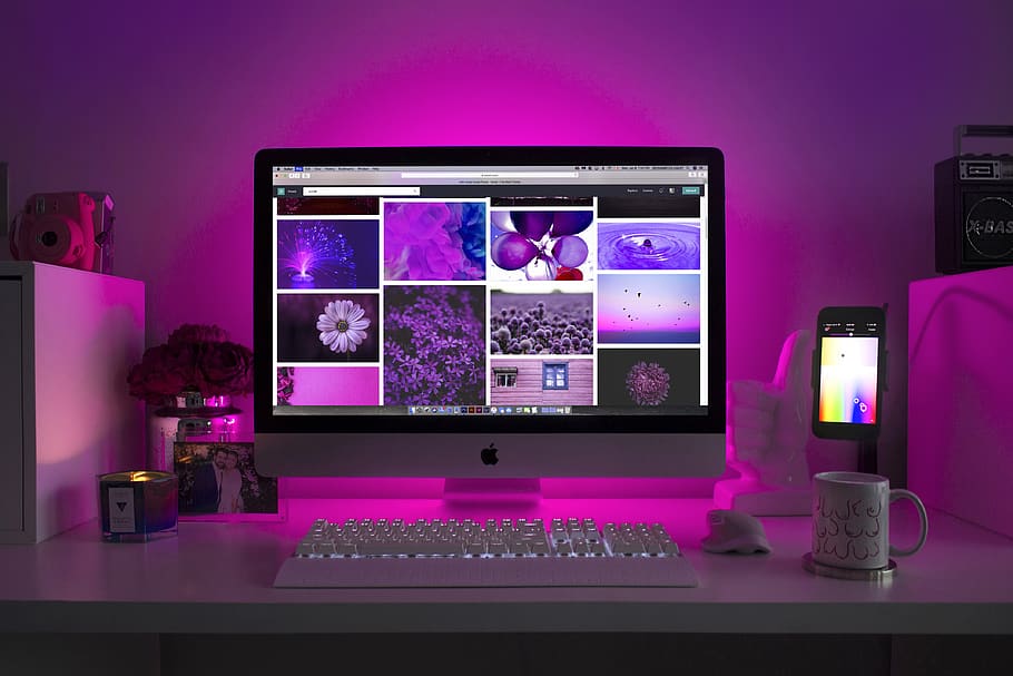 Silver Imac Displaying Collage Photos, apple, cellphone, computer keyboard, HD wallpaper