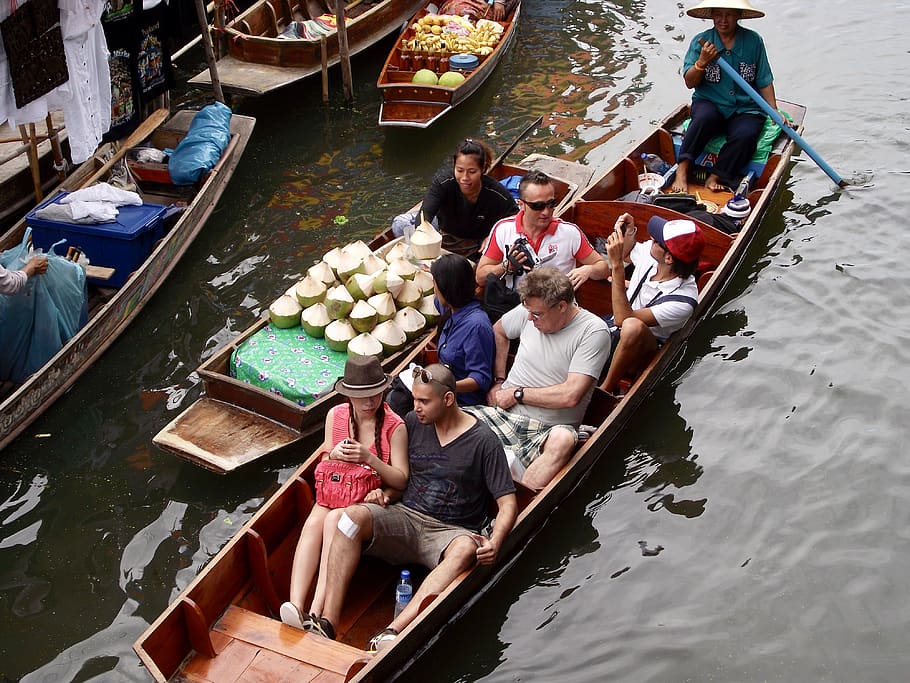thailand, floating market, boats, water, river, food, travel