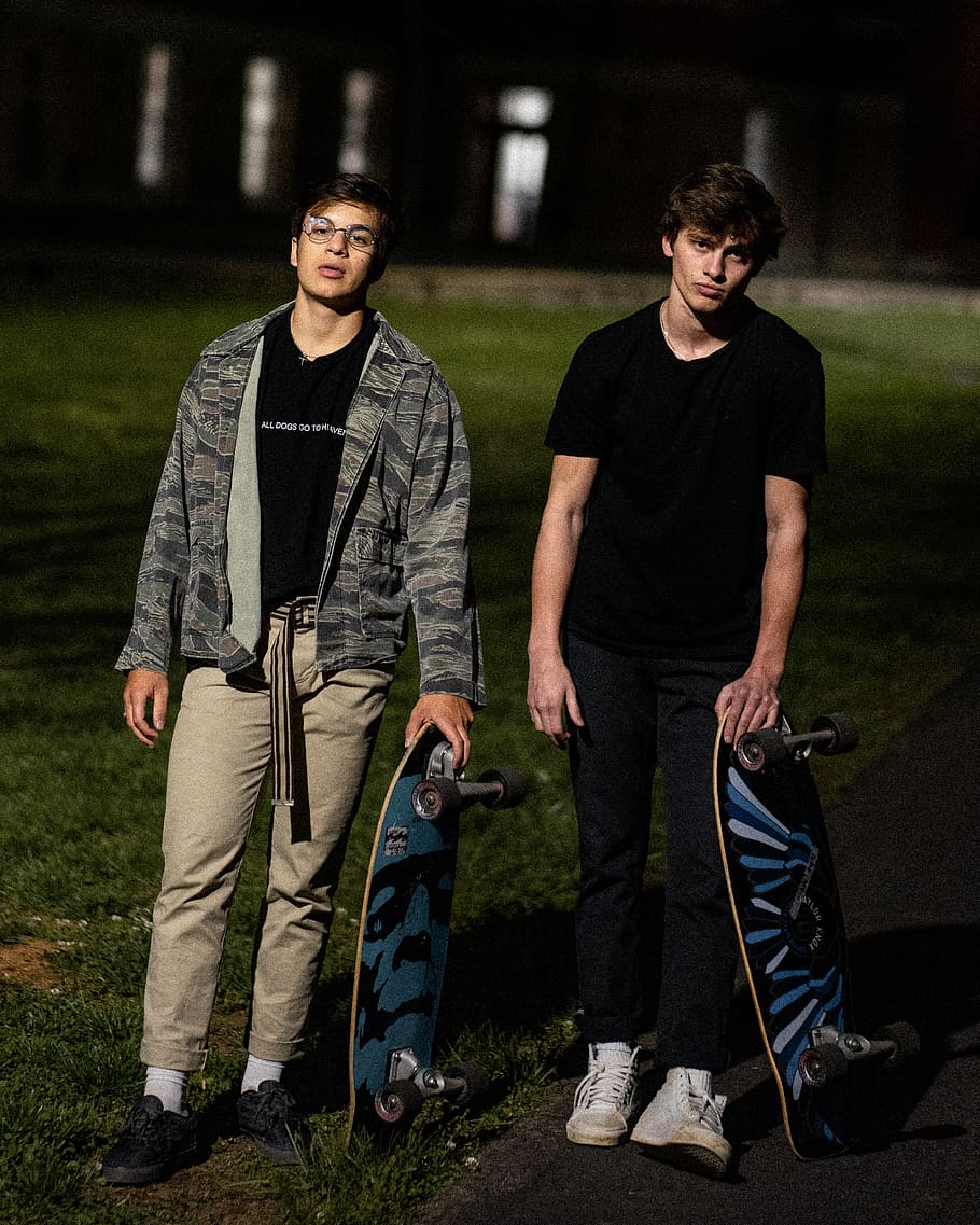men holding skateboards, human, person, apparel, clothing, sports HD wallpaper