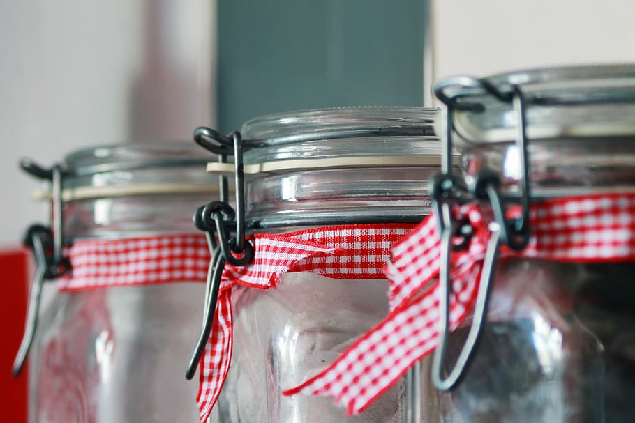 Clear Glass Mason Jar With Red White Ribbon, close up, container HD wallpaper
