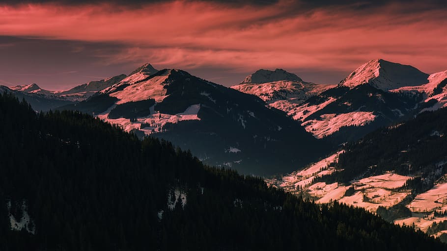 mountains, snow, nature, alpine, sunrise, landscape, panorama HD wallpaper
