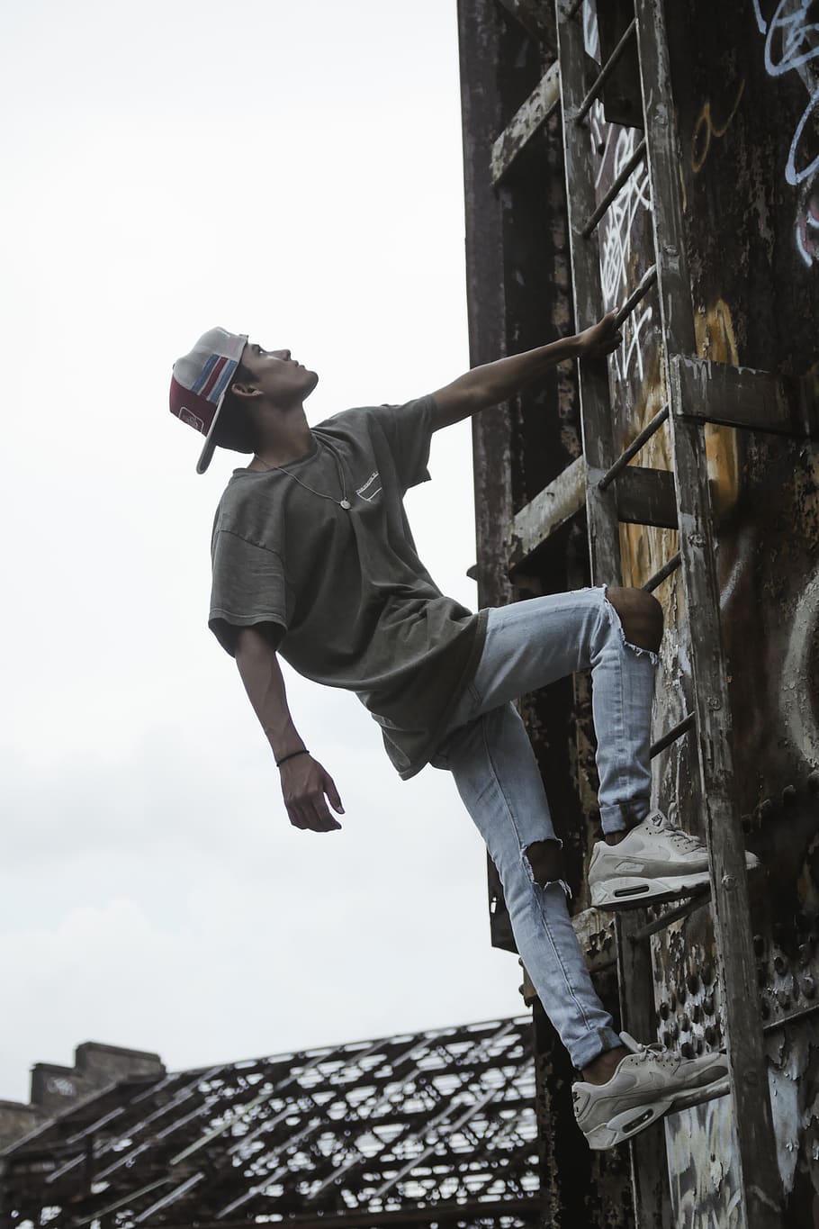 man climbing on ladder, person, human, people, united states HD wallpaper