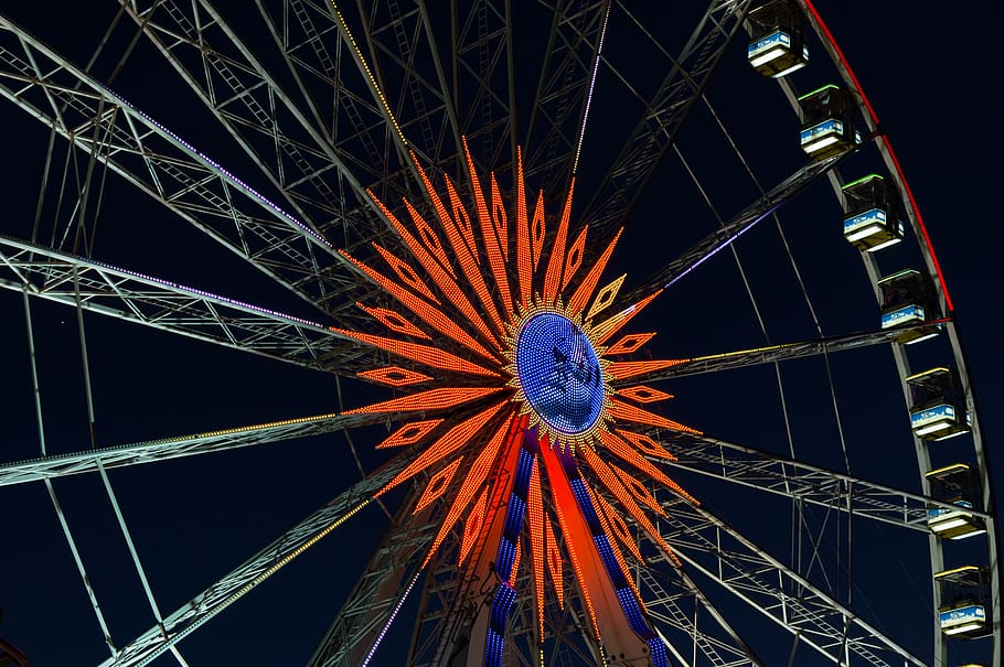 Ferris wheel, amusement park, theme park, spoke, machine, bridge HD wallpaper