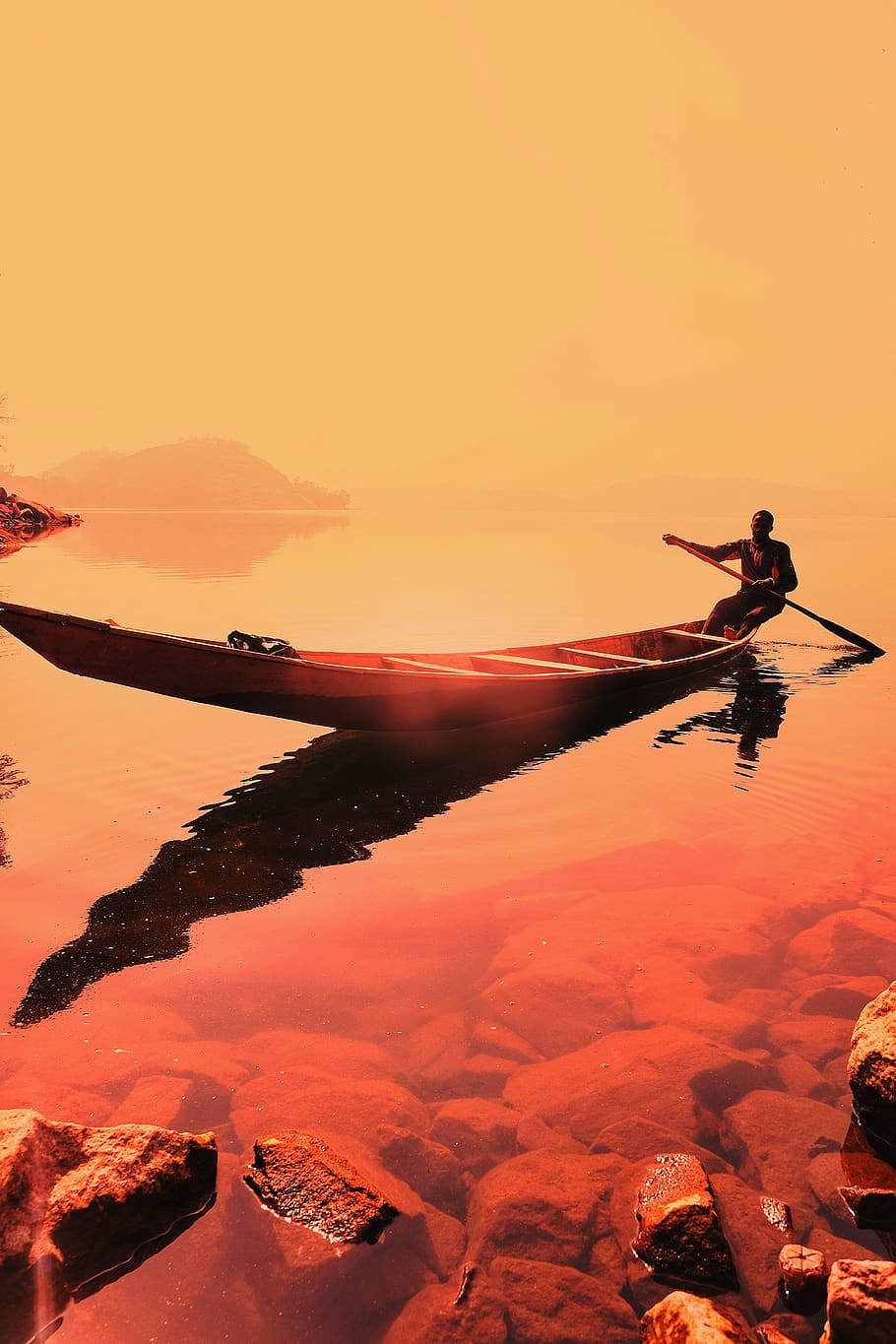 man rowing boat, sunset, orange color, sky, one person, real people HD wallpaper