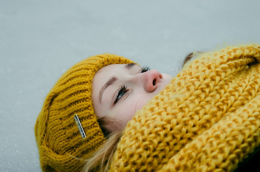 person in yellow knit hat, one person, portrait, headshot, warm clothing HD wallpaper