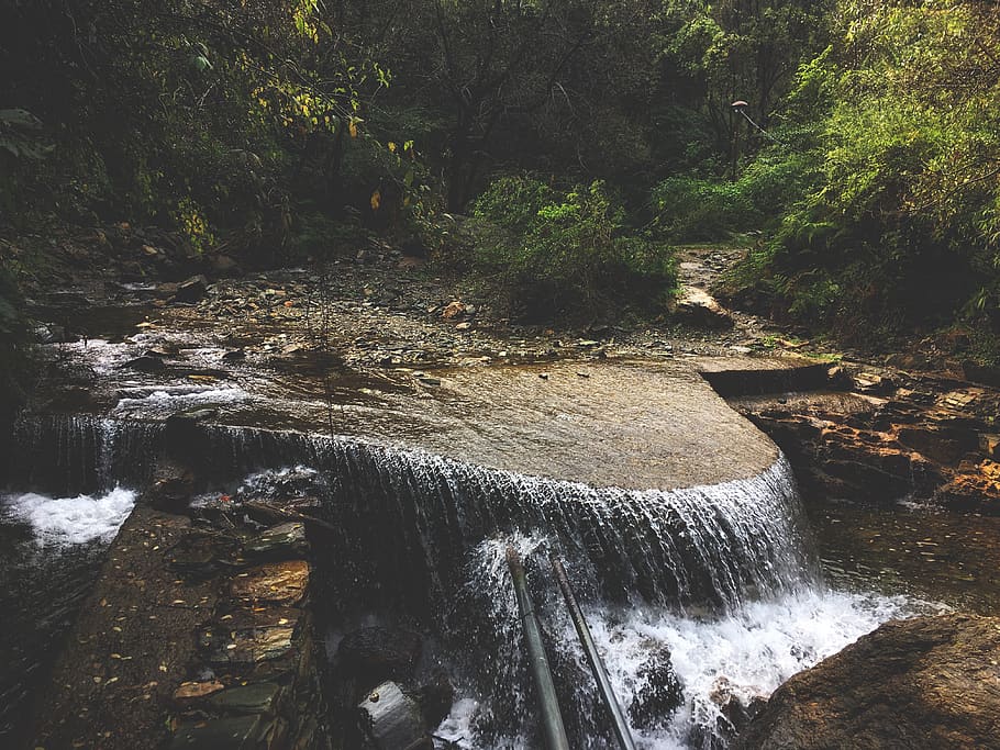 Waterfall and Rocks, daylight, environment, flow, forest, landscape HD wallpaper