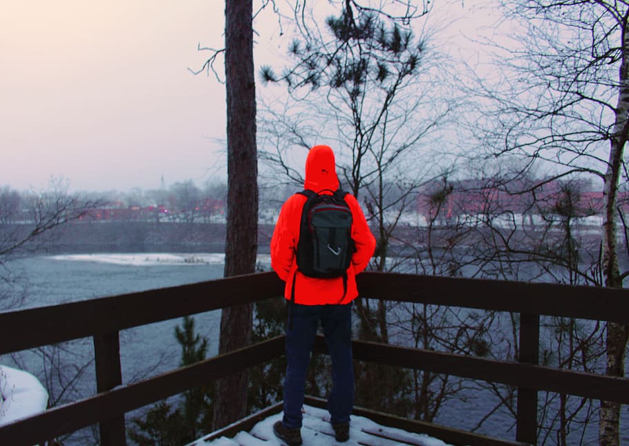 woods, water, lake, winter, snow, college, student, orange HD wallpaper