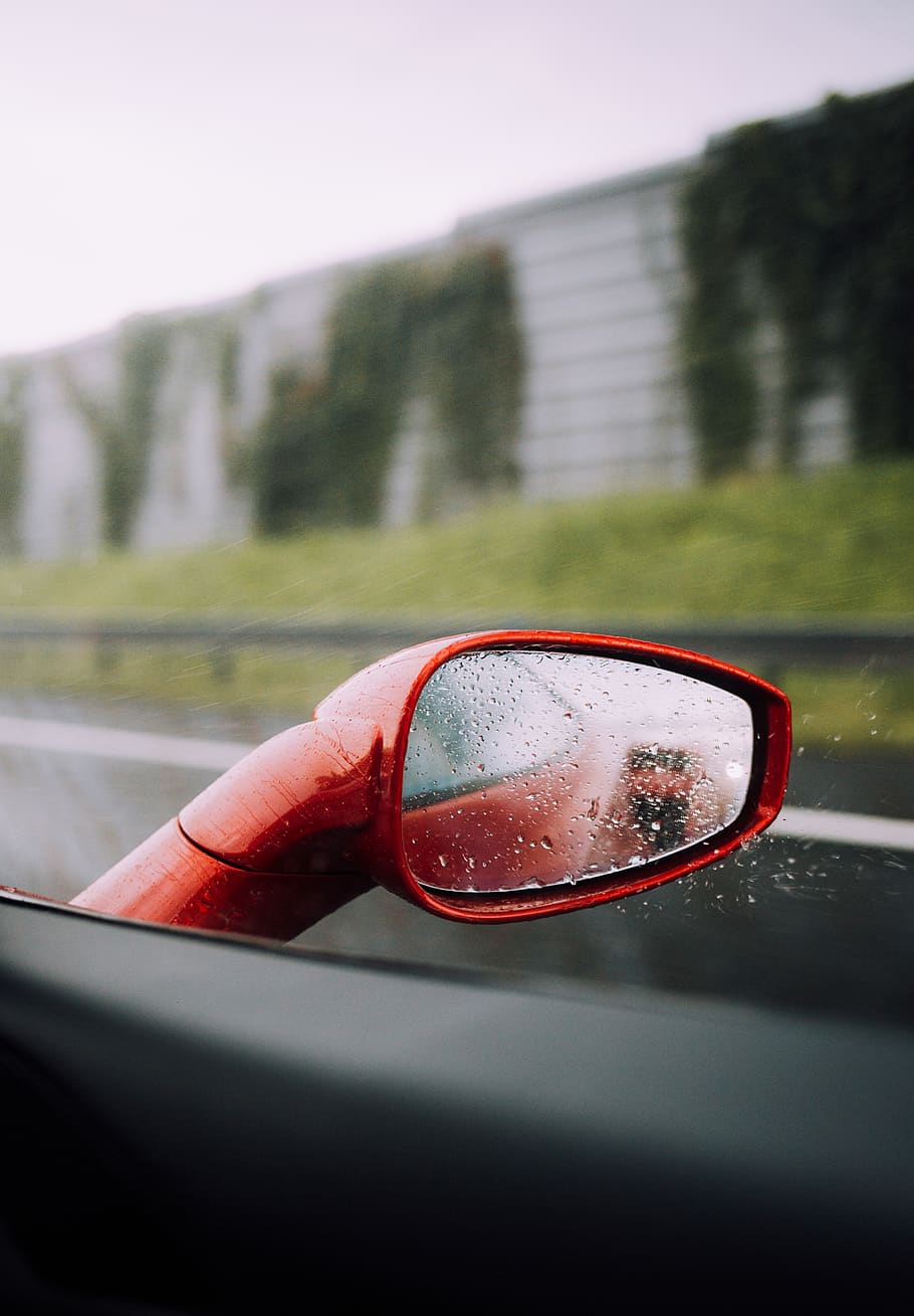 red vehicle wing mirror, motor vehicle, mode of transportation HD wallpaper