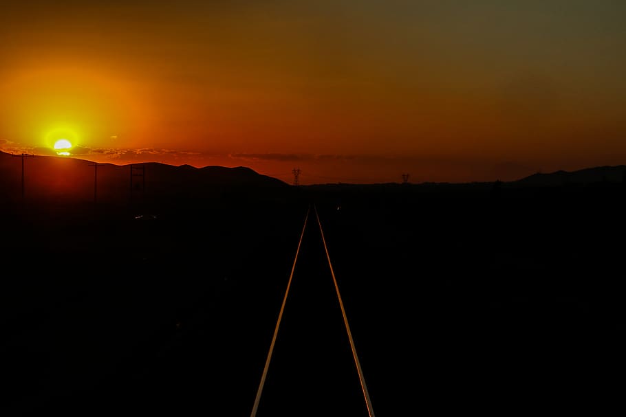 iran, zanjan province, train, red, sky, sunset, orange, mountains HD wallpaper