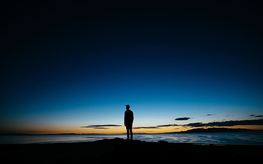 silhouette of man, one person, sky, standing, water, sea, beauty in nature HD wallpaper