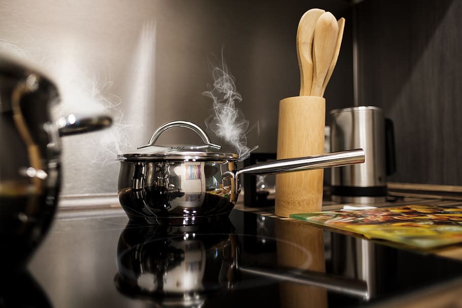 kitchen, cook, pot, cooking pot, stove, steam, hot, kitchen utensil, HD wallpaper
