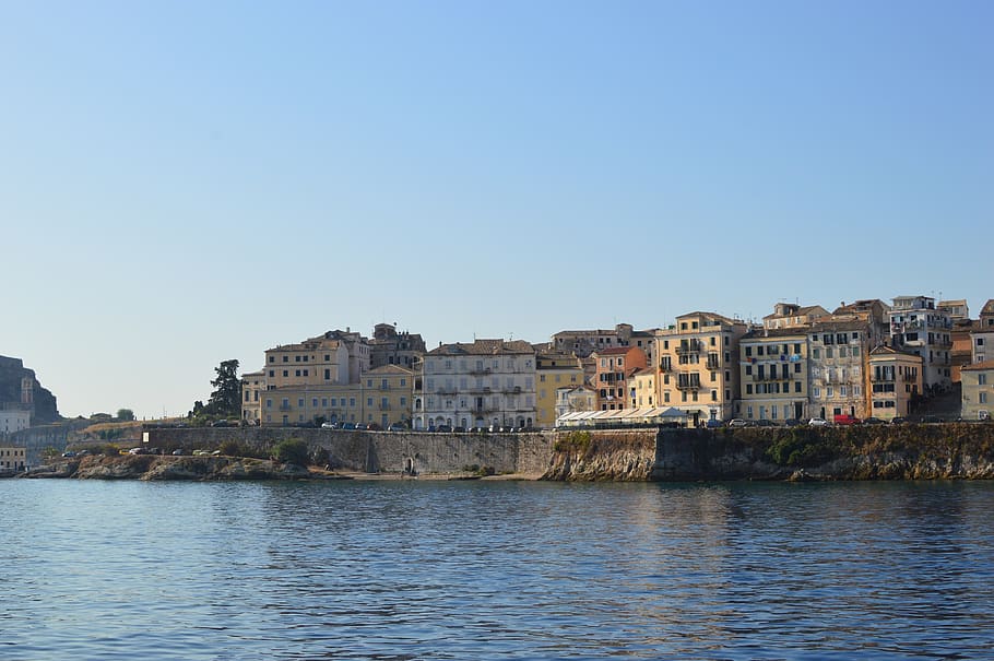 corfu, old town, greece, water, building exterior, architecture HD wallpaper