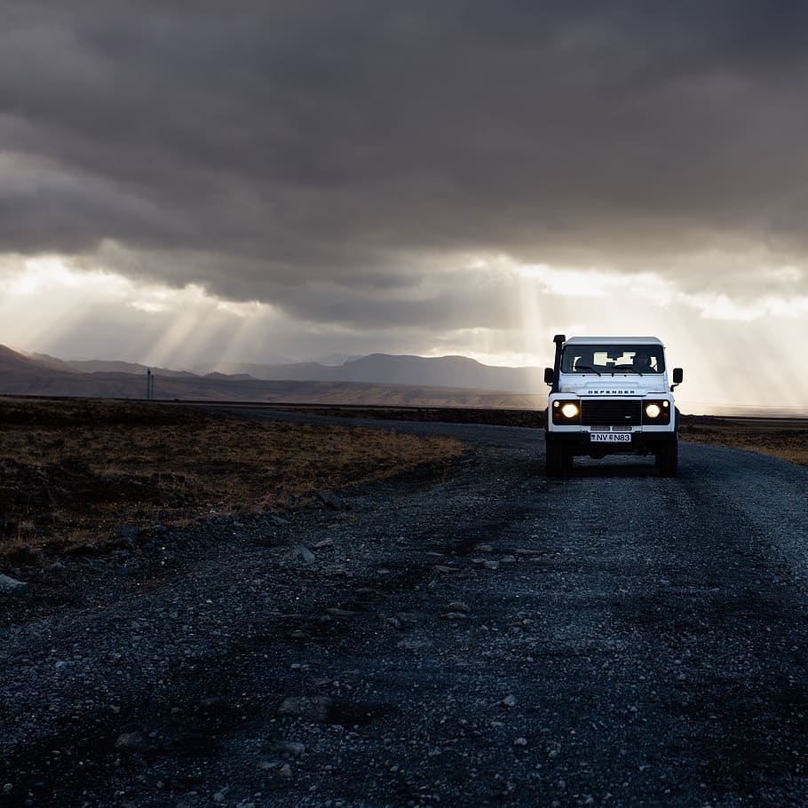 dark, sky, clouds, path, road, grass, sunlight, car, vehicle HD wallpaper