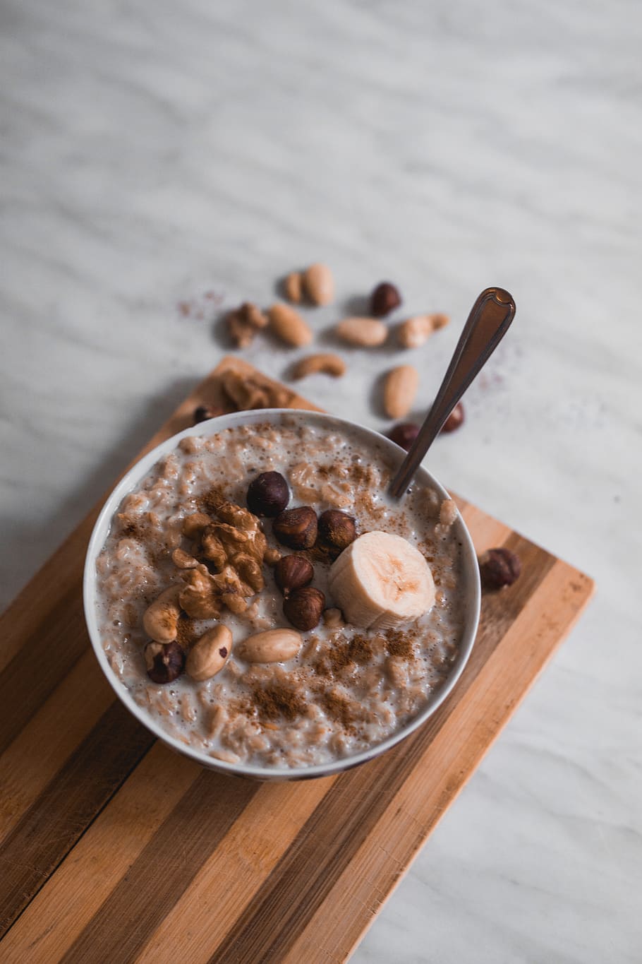 oatmeal in white bowl, food and drink, table, spoon, wood - material HD wallpaper