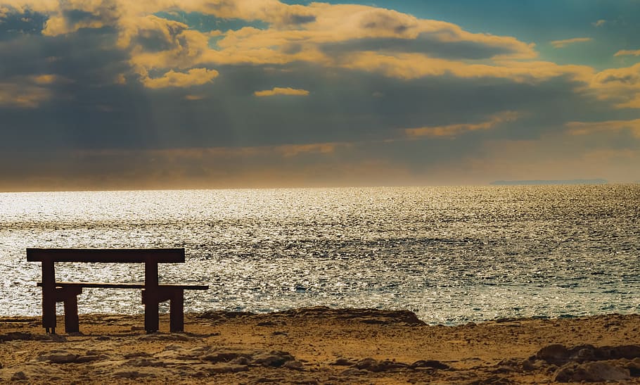 bench, sunset, sea, nature, dusk, sky, clouds, mood, horizon HD wallpaper