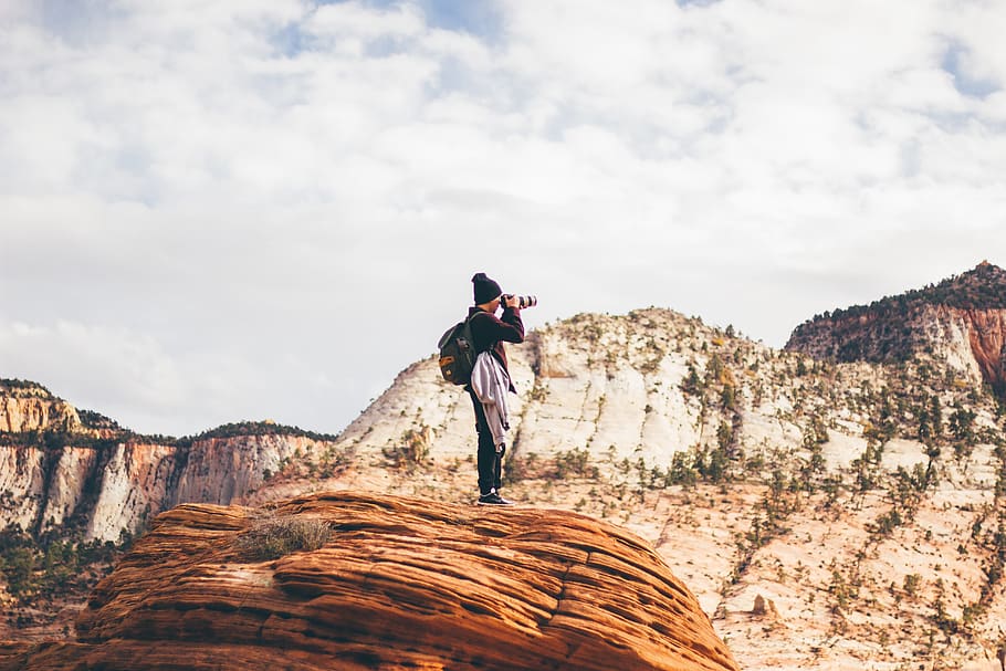 photographer, mountain, scenery, landscape, camera, hiking HD wallpaper