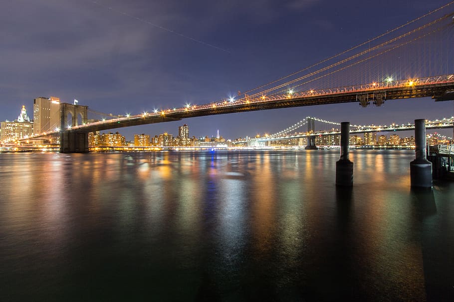 brooklyn bridge, night, lights, city, urban, manhattan, skyline HD wallpaper