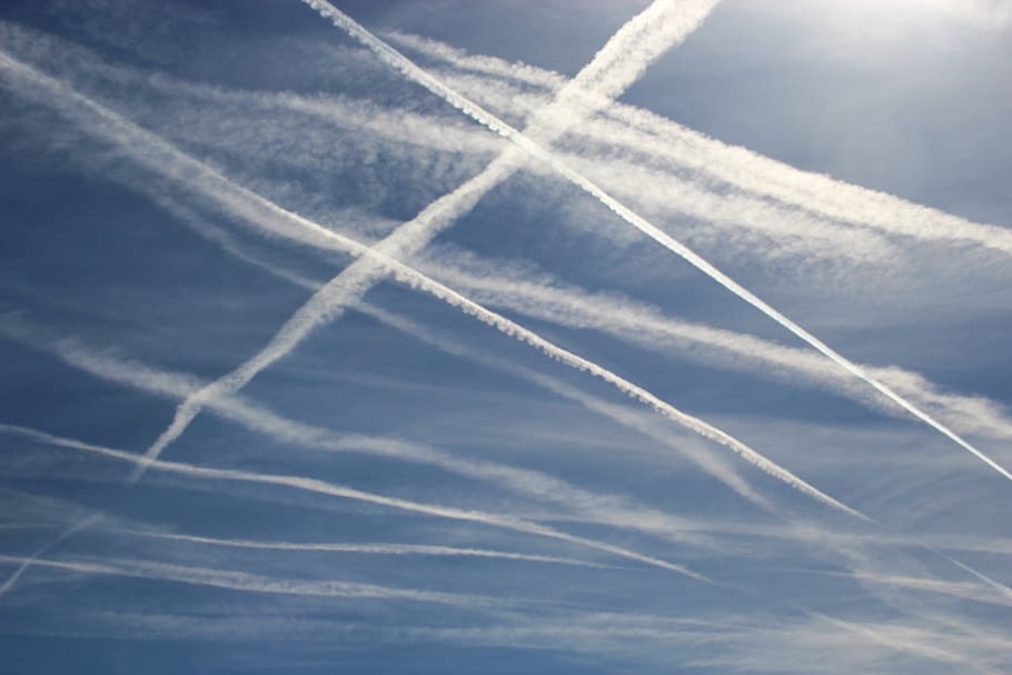 contrail, aircraft, sky, blue, white, clouds, flying, travel HD wallpaper