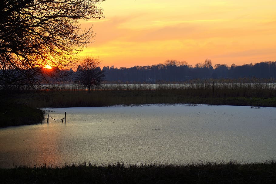 sunset, lighting, abendstimmung, twilight, winter, lake, ice HD wallpaper