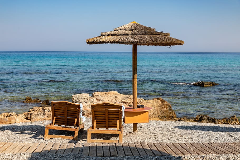 sea, beach chairs, coast, holiday, water, relax, coastline HD wallpaper