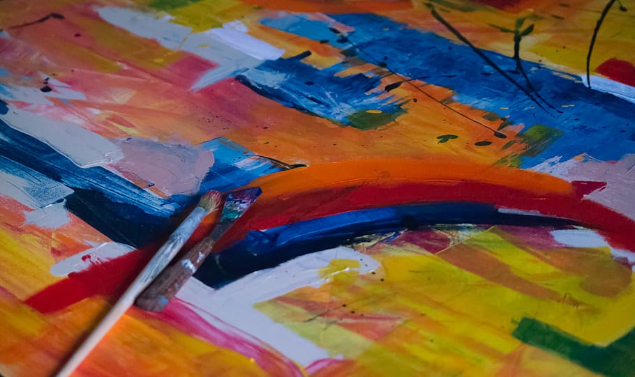 Two Paintbrushes on Multicolored Abstract Painting, acrylic, art HD wallpaper